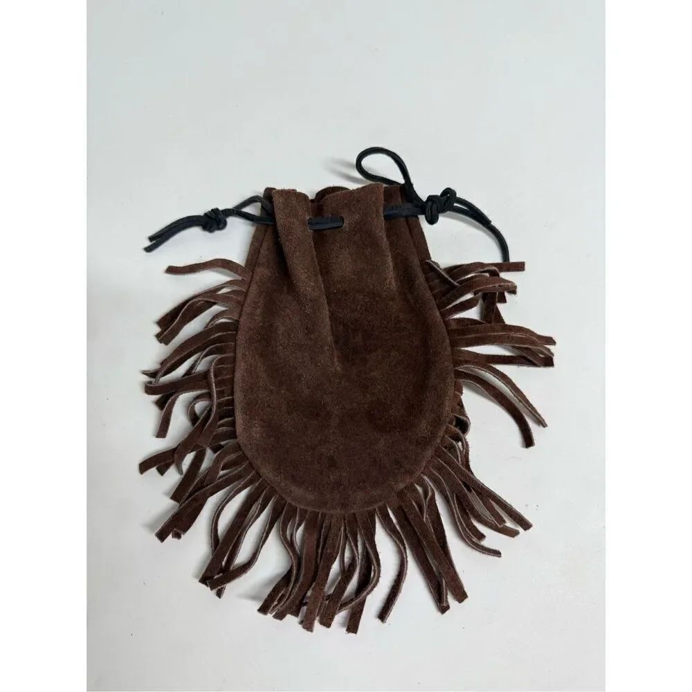 Indian Leather Fringed Tobacco Medicine Pouch Bag Drawstring Hippie Boho 5”x7,5”